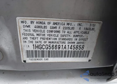 2001 Honda Accord 2.3 Ex from USA, damaged, VIN 1HGCG56691A145858